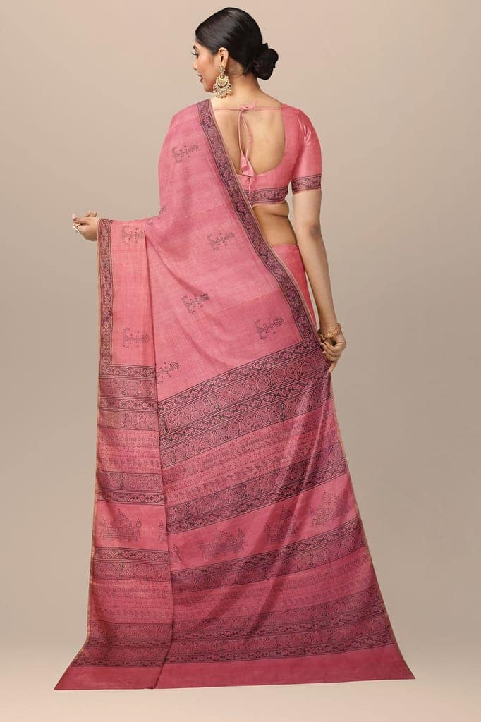 Onion Pink Color Tribal Motif Handwoven Hand Block Print Sausar Tissue Silk Saree SKU - AS10044 view 2