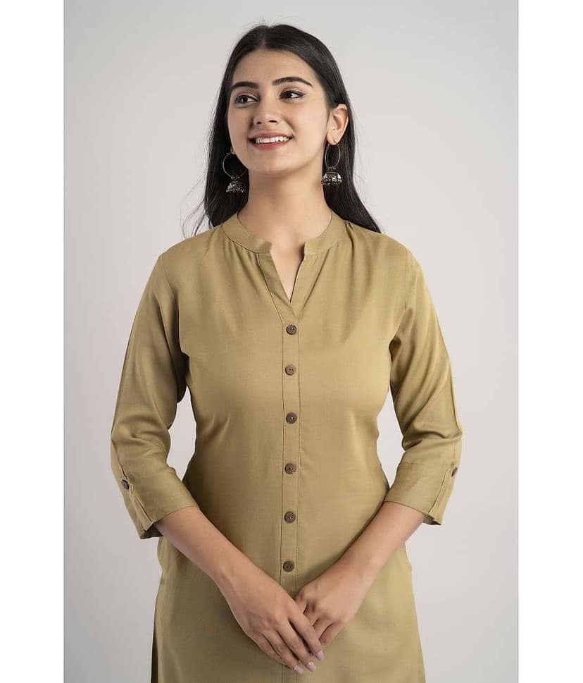 MAUKA - Khaki Rayon Women's Front Slit Kurti ( Pack of 1 ) view 2