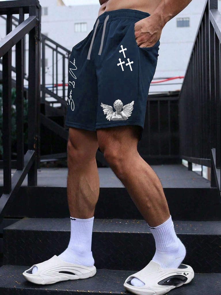 SCOTT FINCHER Raised Men's Navy Blue Cross and Angel Graphic Shorts : AA(SRT)NAVY_288 view 4