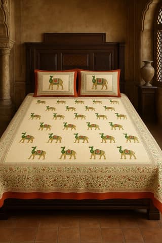 DHRUVINSRI Pink City Heritage Camel Print Cotton King Size Bedsheet with 2 Covers, 90*108 inches
