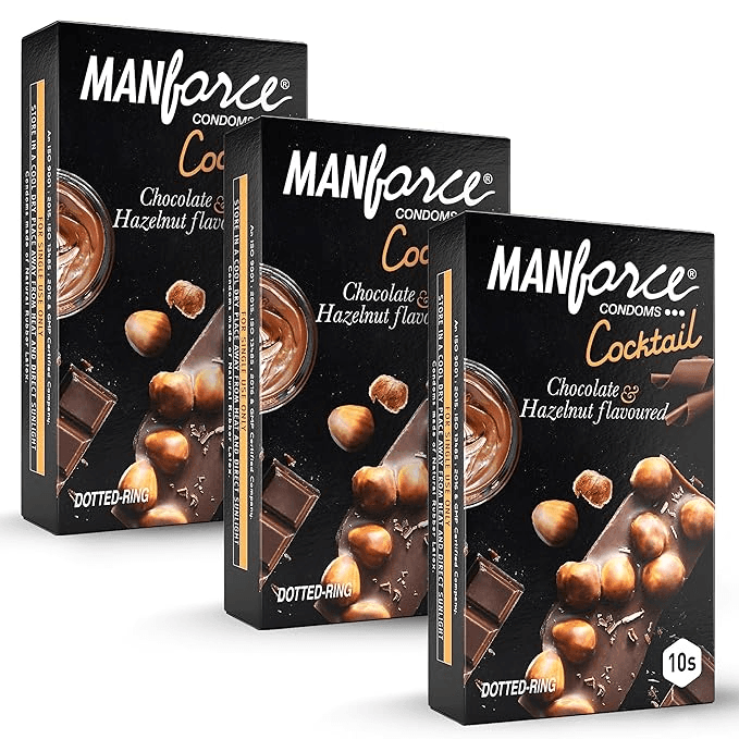 MANFORCE Cocktail Condoms with Dotted-Rings Hazelnut & Chocolate Flavoured- 10 Pieces x Pack of 3 Condom (Set of 3 30 Sheets)