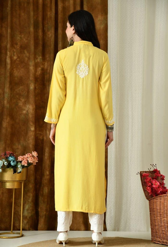 Saanjh – Sunshine Yellow Rayon Kurta with Classic Chikankari view 6