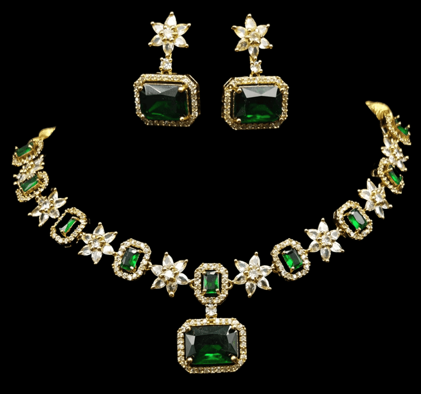 Gold-Plated Kundan and Meenakari Necklace Set with Green Stones