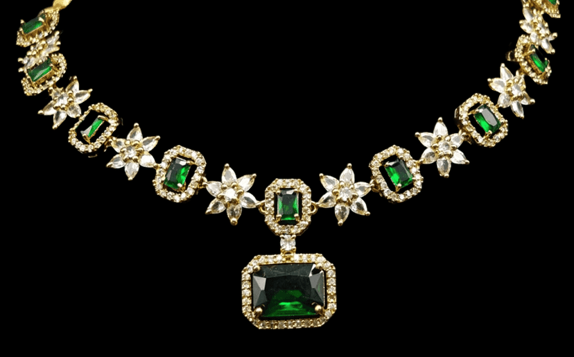 Gold-Plated Kundan and Meenakari Necklace Set with Green Stones view 2