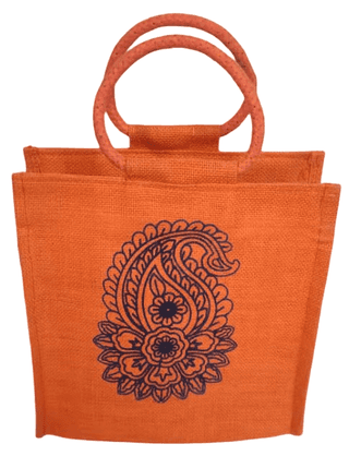 Vibrant Orange Jute Tote Bag with Elegant Paisley Print
