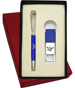 UJJi My Love 2in1 Combo Set with Cristal Filled Blue Body Ball Pen & Hook Keychain