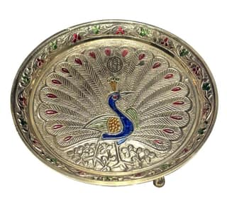 Pure Brass Puja thali Plate with Peacock Embossed Design Best for Home Office Pooja Purpose Handicraft (15 cm)