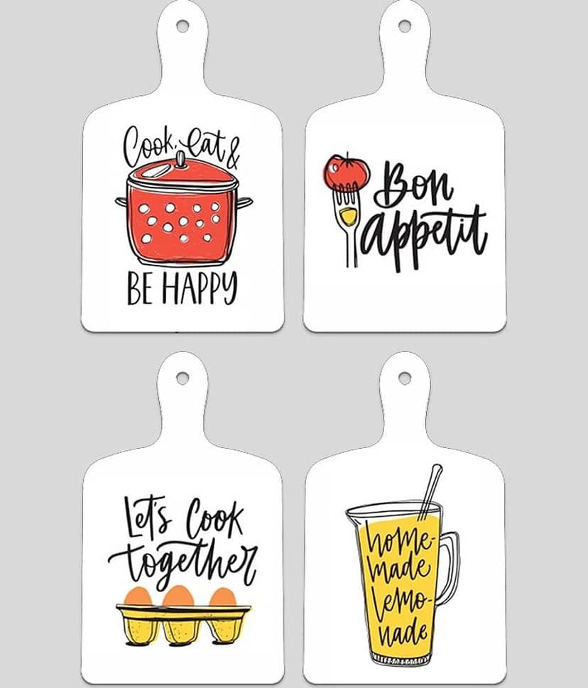 SAF Set of 4 Kitchen Quote MDF Paddle Wall Hanging Boards | Funny Cooking & Food-Themed Printed Signs for Café, Restaurant or Home Décor | Compact Size | Cook Eat Bon Appetit Wall Art