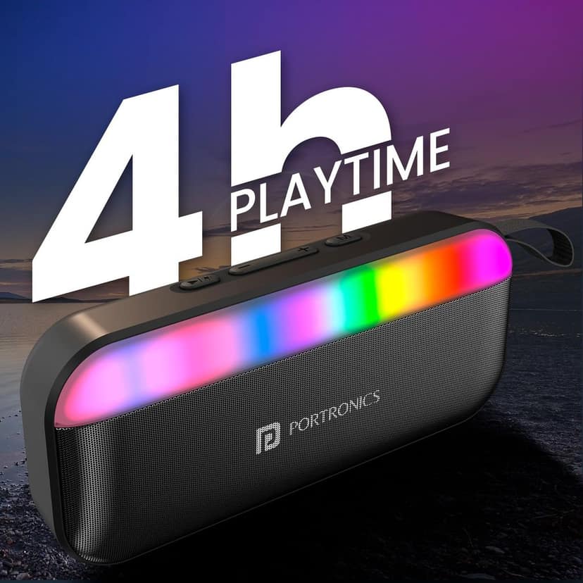 Portronics Plugs 3 15W Portable Bluetooth Speaker with Inbuilt Mic, Dynamic RGB Lights, Bluetooth 5.3V, USB Drive Port, SD Card Port, IPX5 Water Resistant, Integrated Controls, Type C Charging(Black)