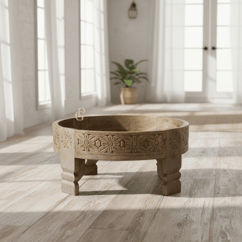 Antique Wooden Round Cutting Metal Brass Chakki Table | Unique Solid Wooden Coffee Table
