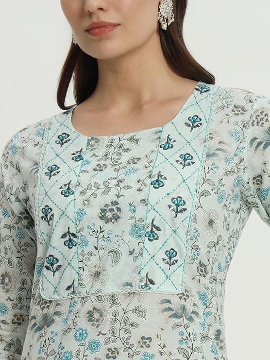 Gulmira - House Of Luxury Gumira Light Green Floral Printed Yoke Design Mirror Work Pure Cotton Kurta with Trousers & Printed Dupatta. view 3