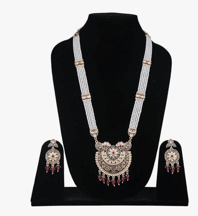 ARyee Rajwadi Pearl Long Rani Haar with Necklace Jewellery Set for Women Cubic Zirconia Gold-plated Plated Metal Necklace Set view 2