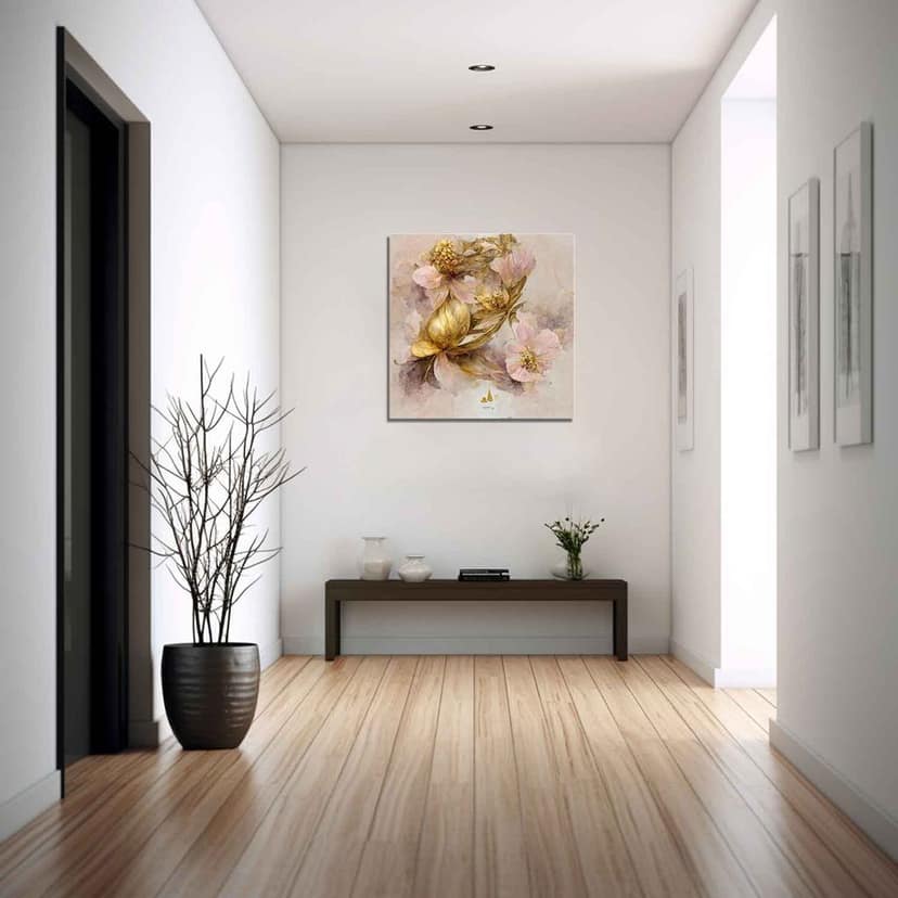PINK AND GOLD FLORAL CANVAS WALL ART 24in X 24in WITH BLACK FRAME