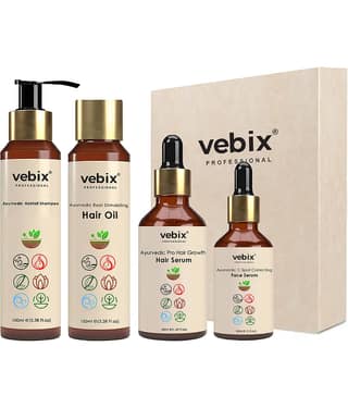 Vebix Professional Customised HairCare Set - Ayurvedic 4 Products Kit -For All Hair- Anti HairFall Oil Neem + Lotus AntiHairfall Shampoo + Hair Growth Serum & Face Glowing Serum