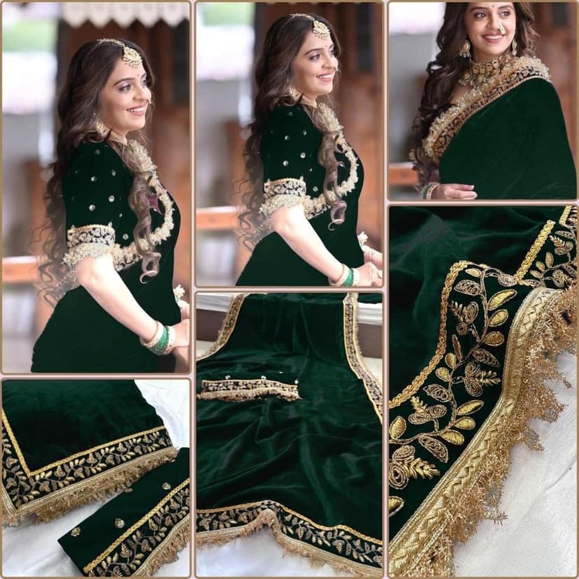 Dream Crushers Womens Saree Heavy Velvet Fabric Saree With Embroidey Work And Readymde Latkan lace in Saree view 10