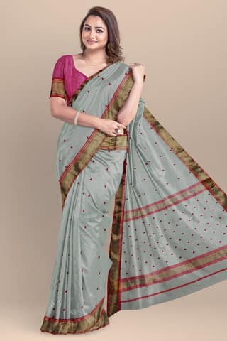 Tea Green Buti Handwoven Maheshwari Silk with Triangle Buti Border Saree SKU - BS10007