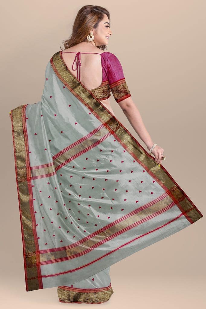 Tea Green Buti Handwoven Maheshwari Silk with Triangle Buti Border Saree SKU - BS10007 view 2