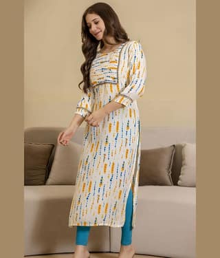 Kapadia Women Viscose Rayon Embroidered Straight Kurti ( Beige )