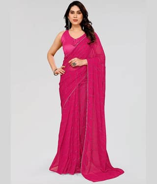 BLEESBURY Georgette Embellished Saree With Unstitched Blouse Piece ( Pink )