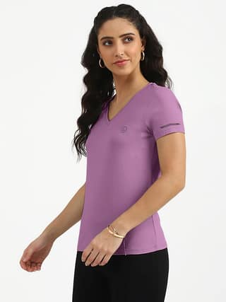 Women Orchid Purple Half Sleeve V Neck T-shirt