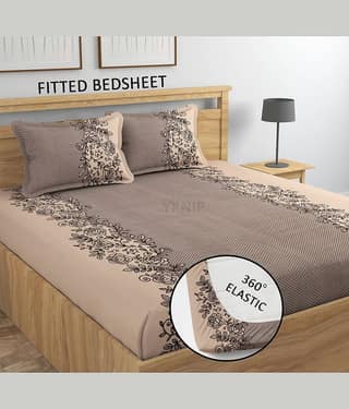 SWIZIER Cotton Floral Printed Fitted 1 Bedsheet with 2 Pillow Covers ( King Size ) - Brown