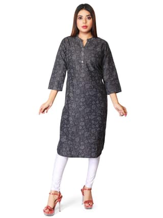 Denim Printed Kurti, Black - M (Style -2499)