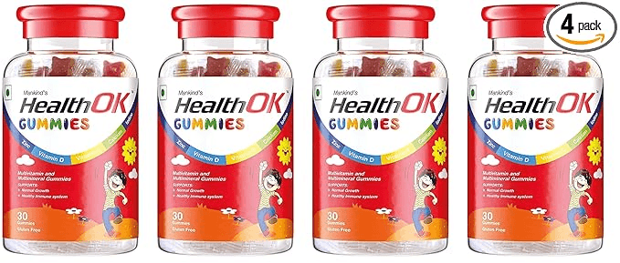 Health Ok Mankind Gummies Multivitamin and Multimineral for Kids Supports Normal Growth Healthy Immune system and Brain Function for 7 -17-year-old Bottle of 30 Gummies x Pack of 4