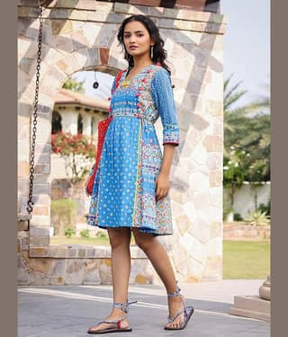 Juniper Women Cotton Printed Fit & Flare Dress ( Blue )