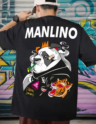 Scott Fincher Oversized T-Shirt with Panda, Tiger, and Crown Graphic Print : AA(ARN)BLACK_123
