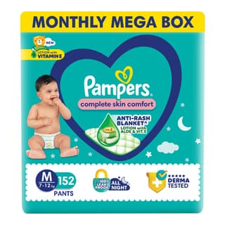 Pampers Complete Skin Comfort Pants, (M) 152 Count, Anti-rash blanket, Lotion with Vitamin E & Aloe Vera, Medium size baby diapers, 7-12kg Pampers Complete Skin Comfort Pants, (M) 152 Count, Anti-rash blanket, Lotion with Vitamin E & Aloe Vera, Medium si