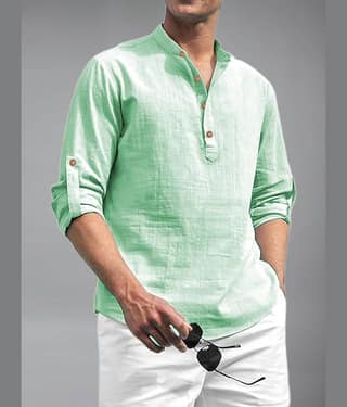 BHUVIKOO Cotton Blend Plain Shirt Style Kurta For Men ( Light Green )