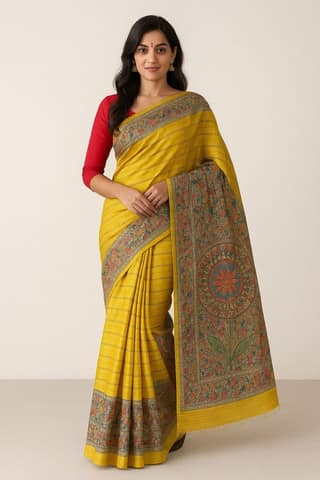 Elegant Mustard Yellow Bhagalpuri Silk Saree with Printed Floral Pallu & Border