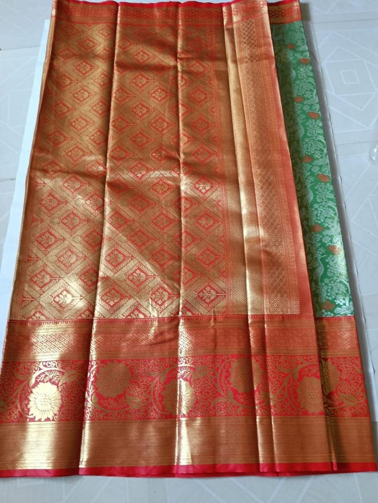 Green and Red Silk Saree with Floral Brocade and Zari Border view 3