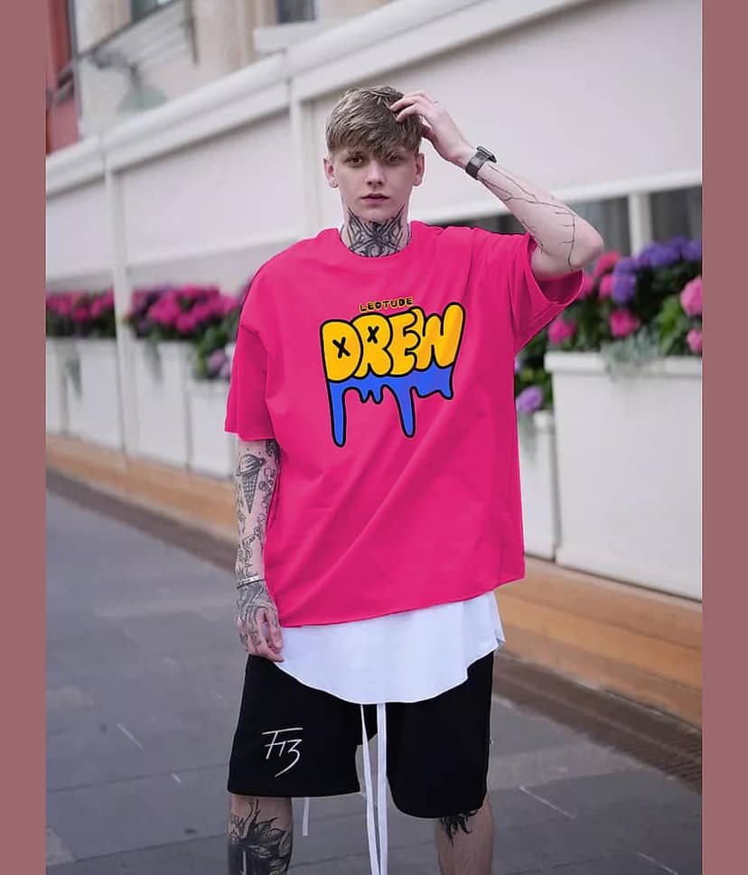 Leotude Men Cotton Blend Oversized Fit Printed T-Shirt ( Pink )