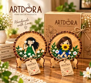 Artdora Pack of 2 Handcrafted Mango Wood Table Décor | Hand-Painted Girl & Floral Artwork in Green & Blue Designs | Wooden Decorative Showpiece with Stand for Home, Office & Gifting