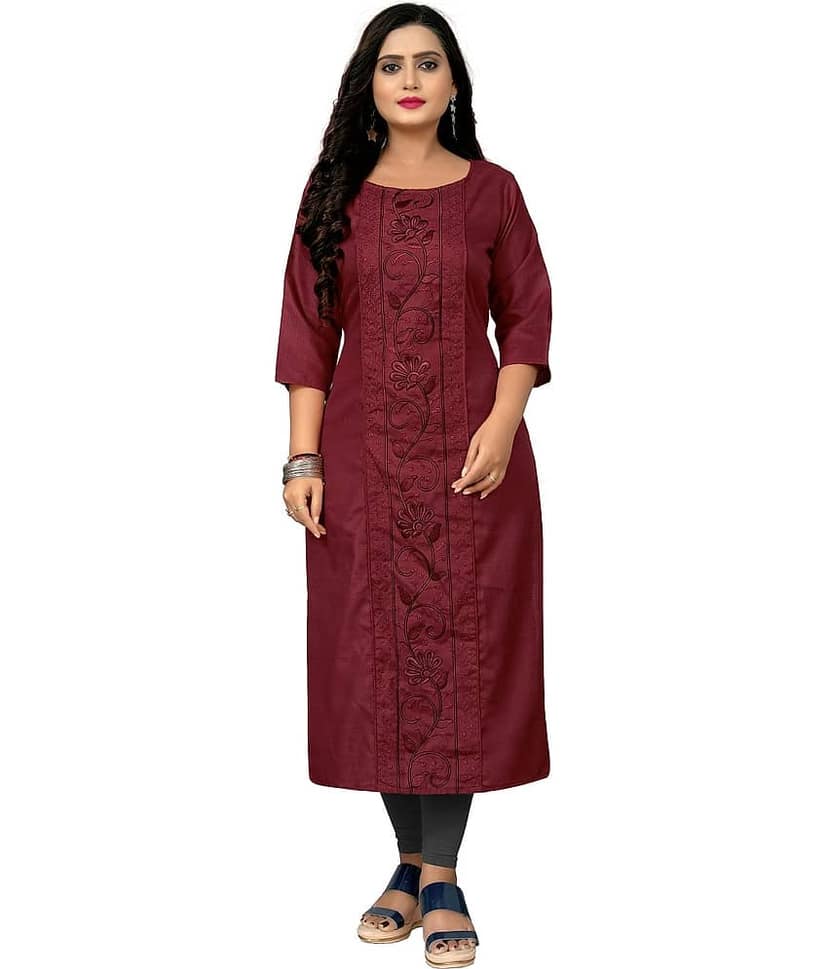 RIAANA Pack of 1 Cotton Blend Embroidered Straight Women's Kurti - ( Maroon )