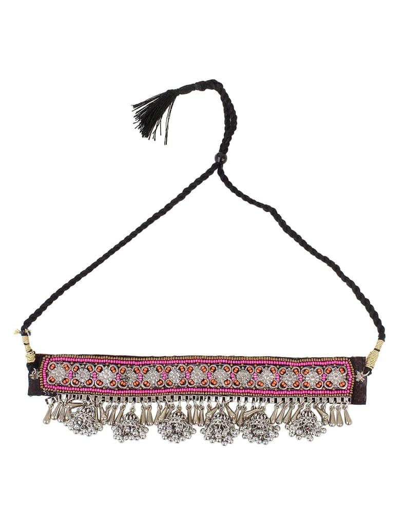 Cardinal Oxidized Beads Weaving Geometric Floral Magenta Color Choker Necklace Set view 2