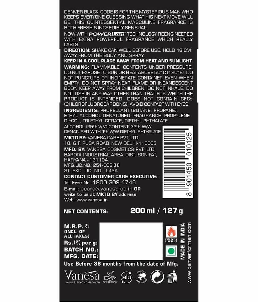 Denver Black Code Deodorant Spray for Men 200 ml ( Pack of 1 ) view 2