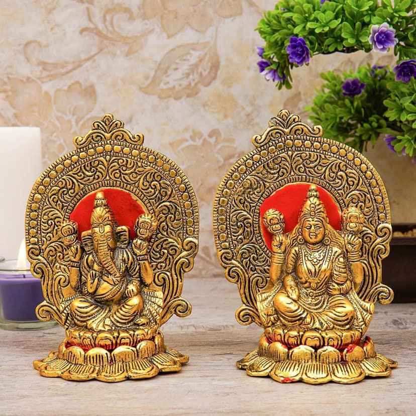 Craftlayout Metal Lakshmi Ganpati Statue with Golden Finish 6.5 Inch