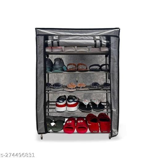 GLOW SILK Premium 5 Layer Shoe Rack with Cover Metal Pipe (Grey)