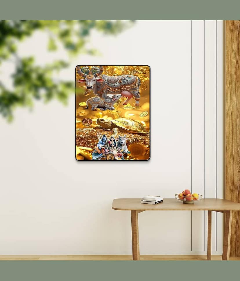 Livin'luxe Kamdhenu Cow Tortoise Shiva Family Wall Art Black Frame Sparkle Laminated Vastu Wealth Painting view 2