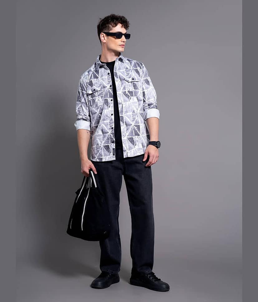 Paul Street Cotton Blend Slim Fit Printed Full Sleeves Men's Casual Shirt - Grey ( Pack of 1 ) view 6