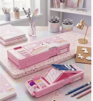 Multi-Functional Magnetic Pencil Box with Built-In Sharpener & Dual Compartments – Cute Unicorn Cartoon Printed Pencil Case for School Kids
