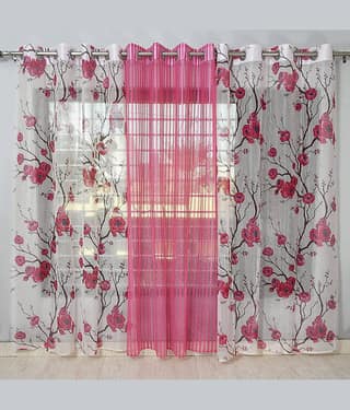 Kraftiq Homes Floral Transparent Eyelet Curtain 7 ft ( Pack of 3 ) - Pink