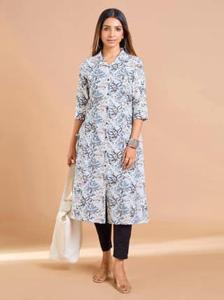 Black and White Cotton Flax Printed Kurti