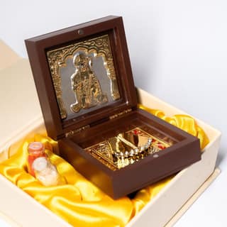 Shrifal Hanuman ji Golden Charan Paduka Foldable Mandir 4x4 Inch | Mini Puja Mandir for Home & Office | Spiritual Gift