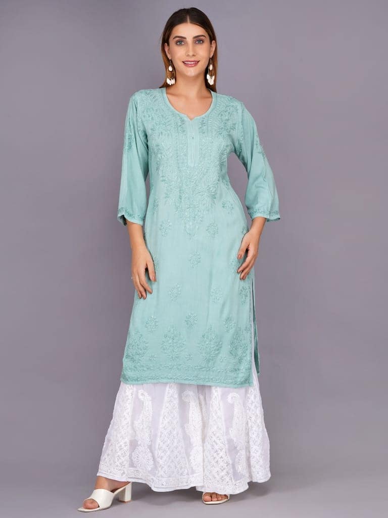 Mrs Right Women's Handcrafted Lucknow Chikankari Top | Premium 22 Kg Reyon Fabric |Green Embroidered Casual Ethnic Kurti