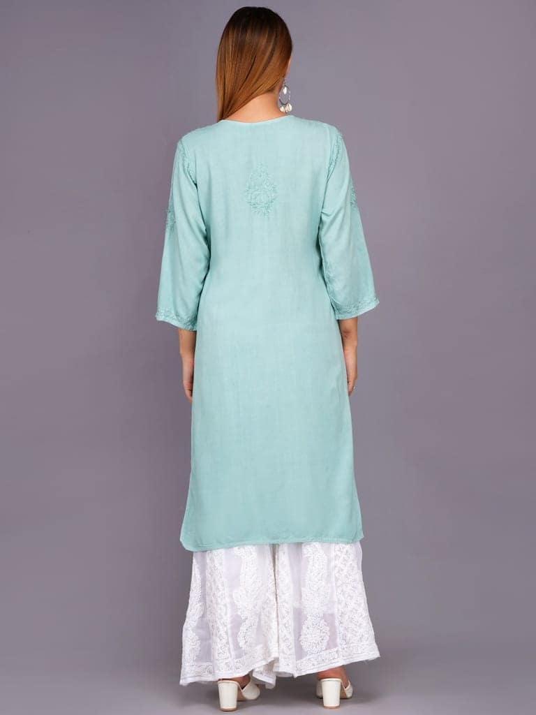 Mrs Right Women's Handcrafted Lucknow Chikankari Top | Premium 22 Kg Reyon Fabric |Green Embroidered Casual Ethnic Kurti view 2