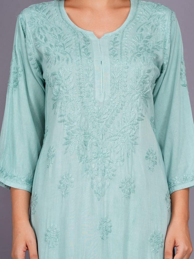 Mrs Right Women's Handcrafted Lucknow Chikankari Top | Premium 22 Kg Reyon Fabric |Green Embroidered Casual Ethnic Kurti view 3