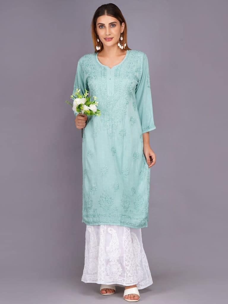 Mrs Right Women's Handcrafted Lucknow Chikankari Top | Premium 22 Kg Reyon Fabric |Green Embroidered Casual Ethnic Kurti view 5
